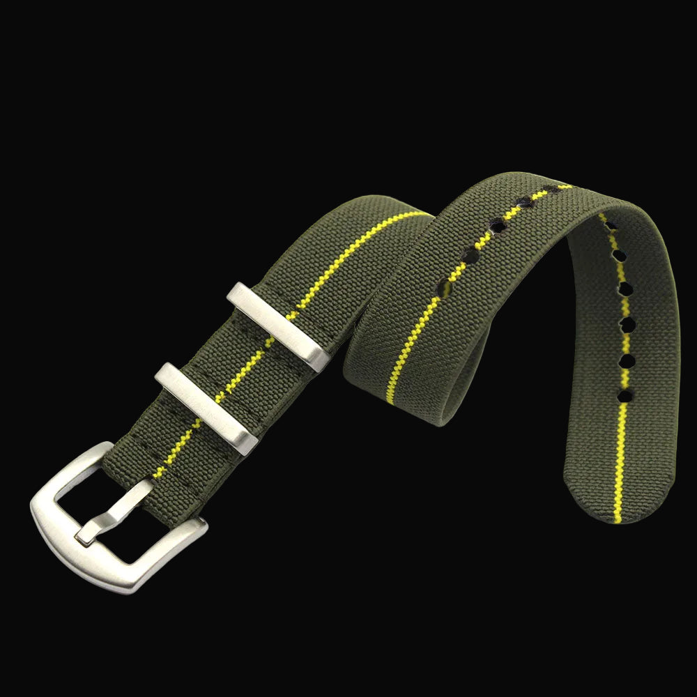 20mm Green with a Yellow Stripe Heavy Duty Elasticated NATO Military Watch Strap