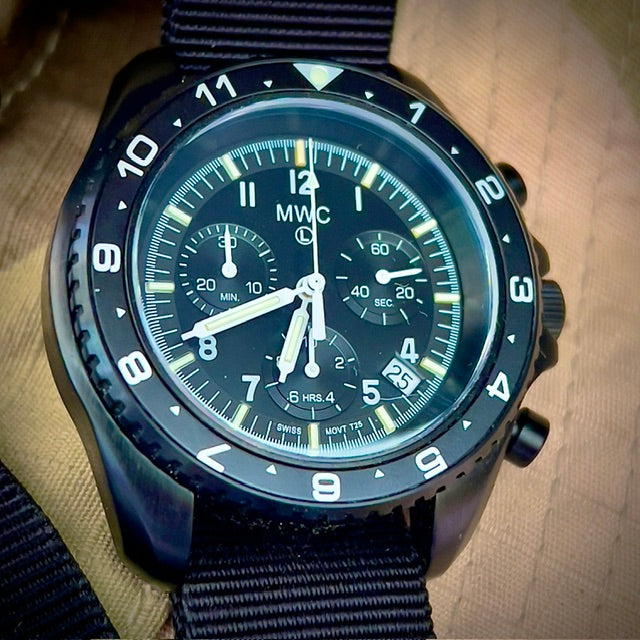 MWC NATO Pattern Stainless Steel Military Pilots Chronograph with Sapphire Crystal and Swiss Ronda Movement - 12 Hour GMT Bezel and GTLS/Tritium Illumination