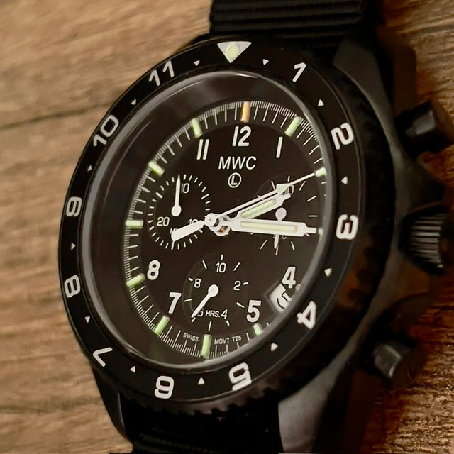 MWC NATO Pattern Stainless Steel Military Pilots Chronograph with Sapphire Crystal and Swiss Ronda Movement - 12 Hour GMT Bezel and GTLS/Tritium Illumination
