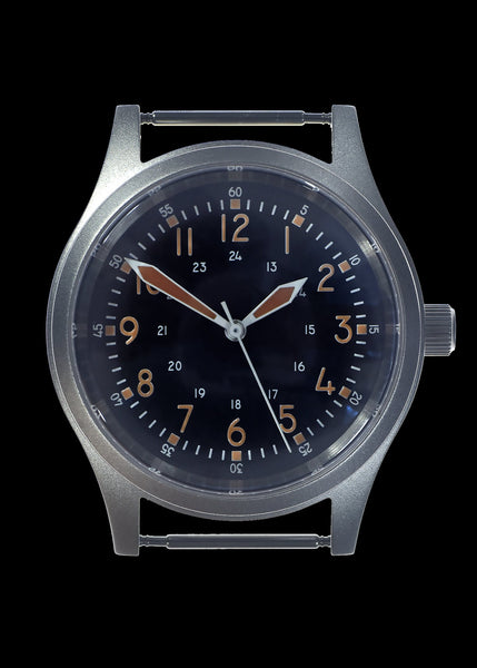 A-17 U.S 1950s Korean War Pattern Automatic Military Watch with Shatter and Scratch Resistant Box Sapphire Crystal on a Retro Stainless Steel "Bonklip" Bracelet with a Black Military Webbing Strap