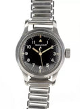 A-17 U.S 1950s Korean War Pattern Automatic Military Watch with Shatter and Scratch Resistant Box Sapphire Crystal on a Retro Stainless Steel "Bonklip" Bracelet with a Black Military Webbing Strap