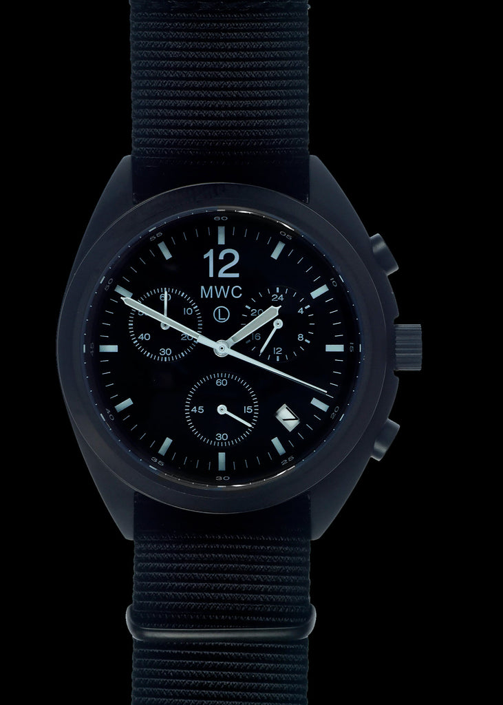 MWC Mechanical/Quartz Hybrid NATO Pattern Military Pilots Chronograph in Non Reflective Black PVD Finish