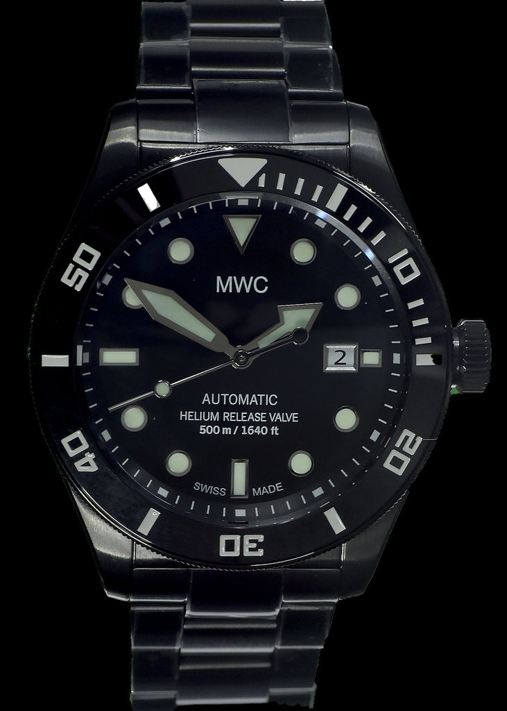 MWC Swiss Made 500m (1640ft) Water Resistant Automatic Divers Watch in Black PVD Stainless Steel With Sapphire Crystal, Ceramic Bezel and Helium Valve