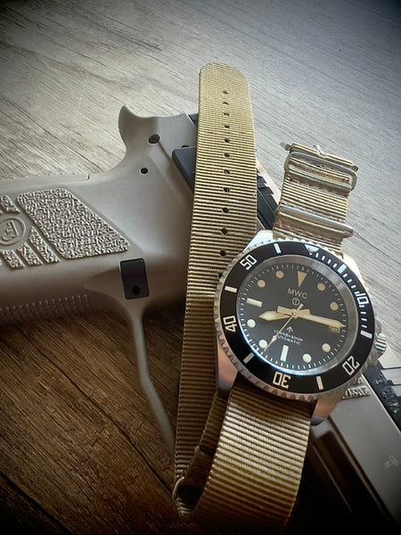 MWC 21 Jewel 300m Automatic Military Divers Watch with Sapphire Crystal and Ceramic Bezel on a NATO Webbing Strap