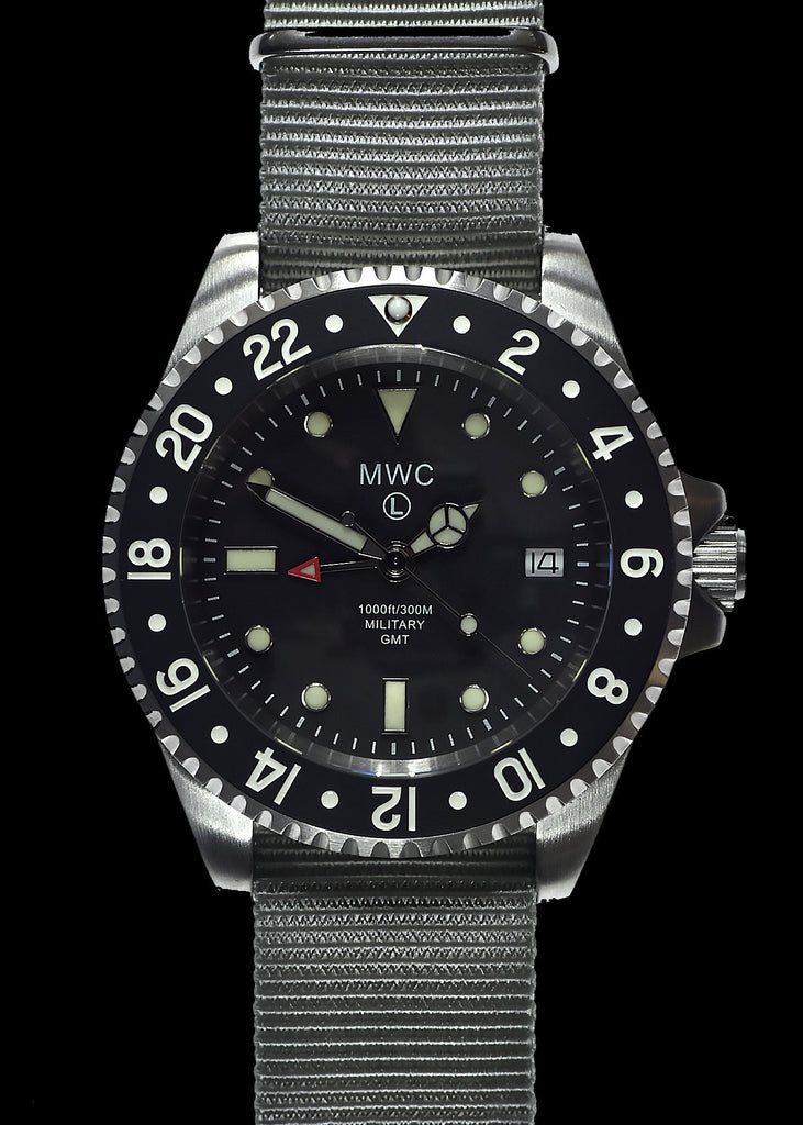 MWC Stainless Steel GMT (Dual Time Zone) Military Watch with Sapphire Crystal and Ceramic Bezel on NATO Strap