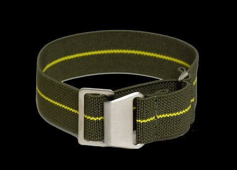 22mm Elasticated French Navy and Special Forces Strap in Green with a Yellow Stripe