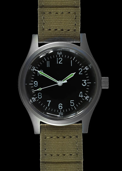 A-11 1940s WWII Pattern Automatic Military Watch With Shatter and Scratch Resistant Box Sapphire Crystal on Matching Retro "Bonklip" Pattern Bracelet with an Additional Canvas Strap