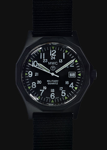 MWC G10 - Remake of the 1982 to 1999 Series Watch in Black PVD Steel with 12/24 NATO dial Pattern, Plexiglass Crystal and Battery Hatch