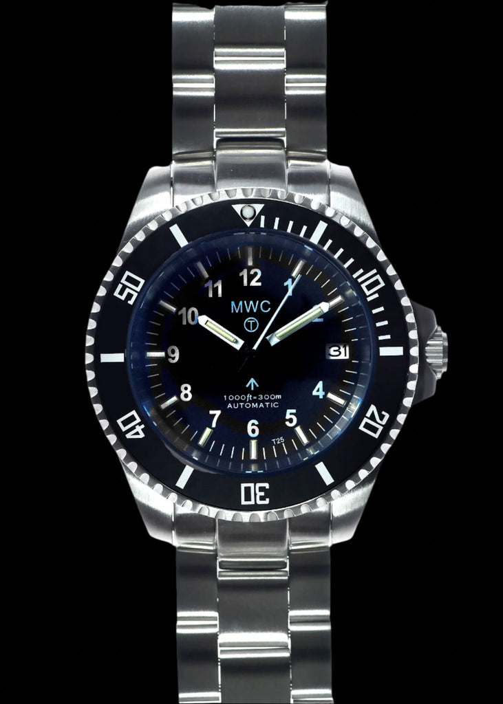 MWC 24 Jewel 300m Automatic Military Divers Watch with Tritium GTLS Illumination, Sapphire Crystal and Ceramic Bezel and Steel Bracelet