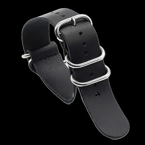 24mm Black High Grade Saddle Leather Zulu Military Watch Strap